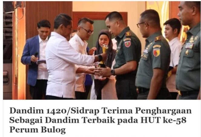 
 Dandim 1420 Sidrap Diganjar Penghargaan Terbaik Pendampingan Serap Gabah 2025